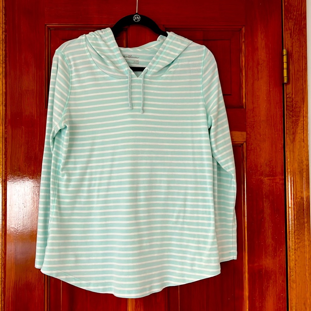 Eddie Bauer PL aqua and white striped hoodie.